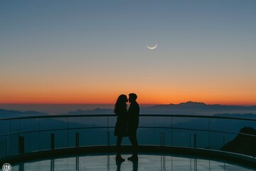 Fototapeta premium Silhouetted Couple Embracing Against a Scenic Sunset and Crescent Moon