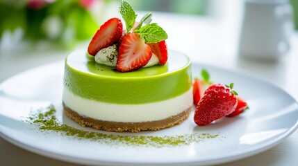 Creamy matcha green tea cheesecake topped with fresh strawberries and a sprig of mint for an elegant dessert presentation. Food concept