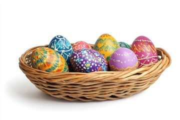 Obraz premium Set of basket of colourful hand painted decorated easter eggs on white background