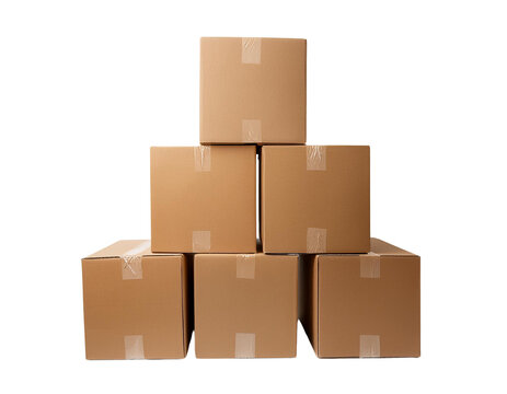 Stack of cardboard boxes on a white isolated background.