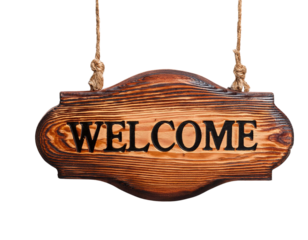 Wooden welcome sign on a white isolated background.
