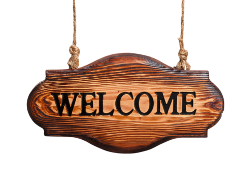 Wooden welcome sign on a white isolated background.