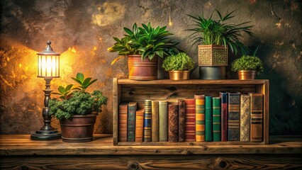Rustic wooden shelf adorned with books and a vibrant green plant, creating a stylish and inviting home decor focal point to elevate any living space.