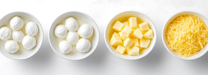 Five different types of cheese are arranged in white bowls