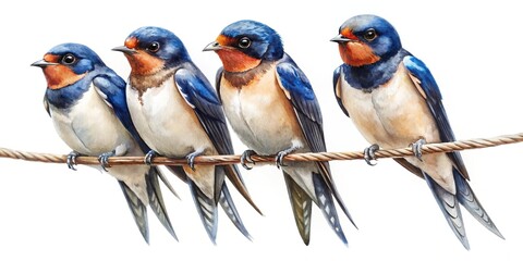 Fototapeta premium macro watercolor illustration of swallows perched on wire for migration
