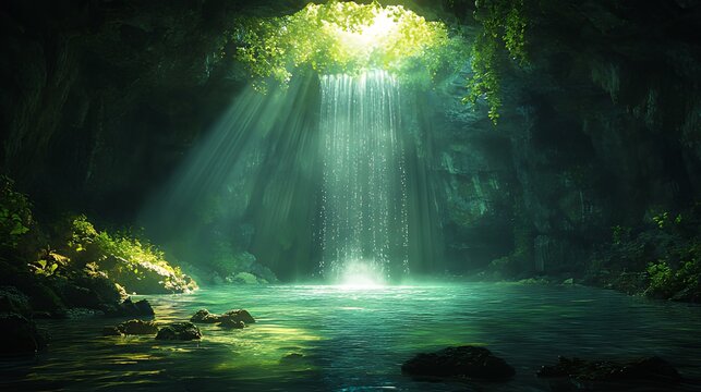 Sunlight streams through a cave opening, illuminating a waterfall and a pool of water.