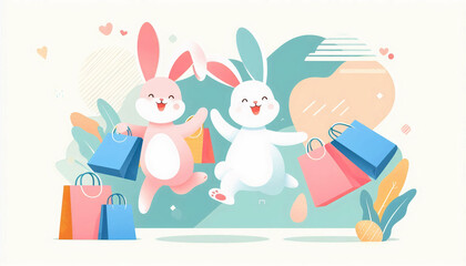 Two cute cartoon bunnies happily carrying shopping bags in a whimsical and colorful scene, surrounded by playful elements