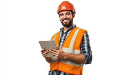 Smart engineer man holding a tablet and smiling at a construction site, isolated on a white background