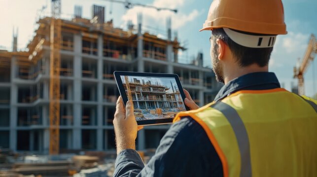 Smart engineer man working with a tablet, capturing a construction site with a camera