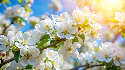 Obraz premium Macro white spring apple tree blossoms in sunny weather
