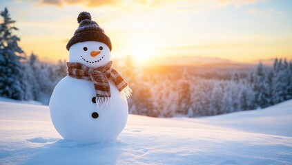 Fototapeta premium A smiling snowman with a scarf and a top hat is pictured in a snowy landscape