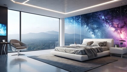 Modern living room with panoramic sea view and minimalist furniture