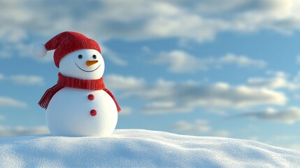 Obraz premium Snowman with red scarf and arms spread out in joy as snow falls, standing in the snow under bright winter skies