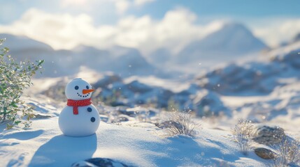 Obraz premium Standing on snow, under a bright winter sky, is a happy snowman wearing a red scarf