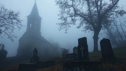 Misty graveyard scene with church and tombstones in eerie atmosphere