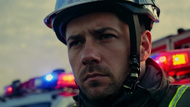 A firefighter with serious and tired face, wearing hemlet after an emergency situation, close up portraite at car flasher background