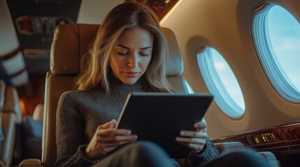 A CFO studying business analytics on a tablet during a corporate flight in a private jet with soft lighting and a focused mood.