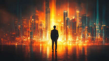 A businessman pulls back a curtain to reveal a glowing futuristic city skyline, symbolizing the unveiling of business opportunities and success, with light beams enhancing the scene.