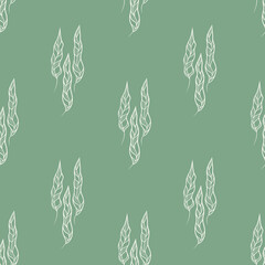 Seamless pattern. Smooth, elegant lines of feathers on a green background, reminiscent of a light wind. Perfect for fashion designs, home decor or packaging.