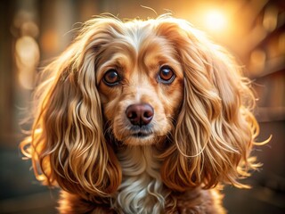 Naklejka premium Adorable Long-Haired Curly Dog Portrait in Soft Light, Perfect for Pet Lovers and Animal Enthusiasts