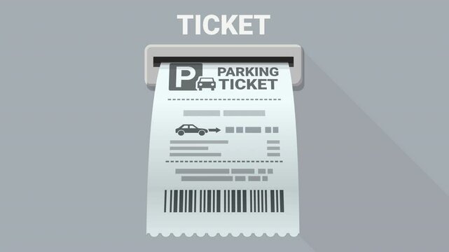Animation of a parking ticket coming out of the slot of a metallic automatic machine in flat design style