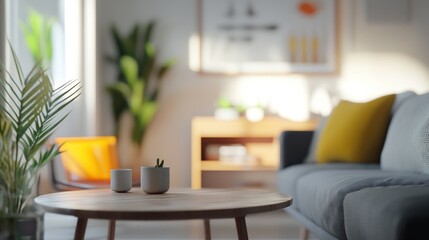 A cozy living room featuring a coffee table, plants, and a comfortable sofa.