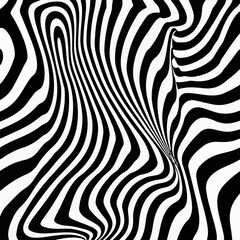 Abstract black and white optical illusion pattern with wavy stripes. Perfect for backgrounds, graphic design, posters, and modern art projects. High contrast design, trendy and visually captivating.

