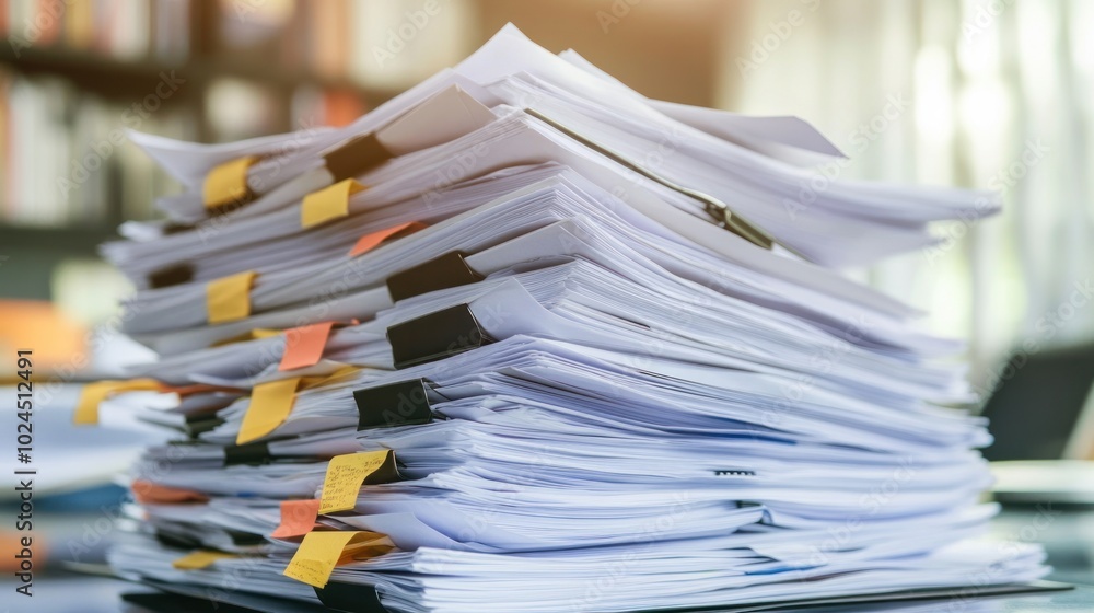 Poster a cluttered stack of documents with sticky notes, indicating organization and tasks.