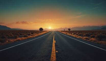 Fototapeta premium Empty countryside asphalt road leading to rising sun over mountains
