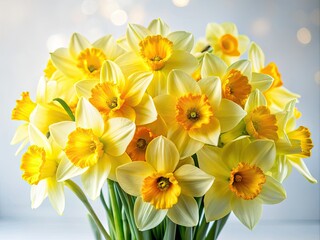 Fototapeta premium Yellow daffodils stand out against a white background, offering fresh inspiration for spring fashion photography and floral designs, perfect for seasonal creativity and vibrant aesthetics.