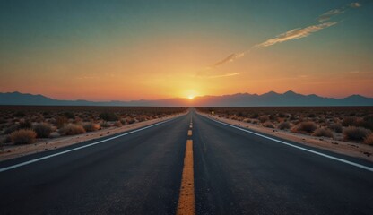 Naklejka premium Empty asphalt road leading to setting sun over mountains