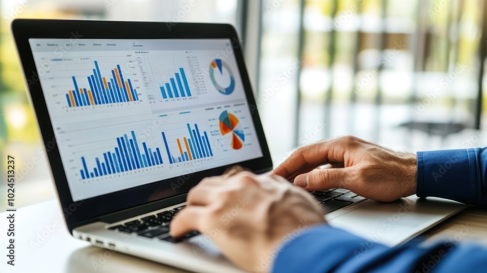 Poster a person analyzing data on a laptop with various charts and graphs displayed.