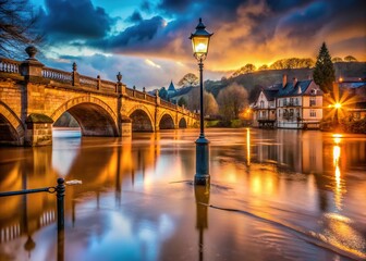 Fototapeta premium Bewdley Floods: Submerged Tourist Signpost at Bewdley Bridge, Worcestershire - Low Light Photography
