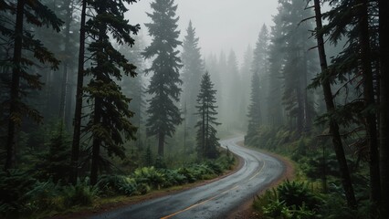 Winding road leading through a foggy forest