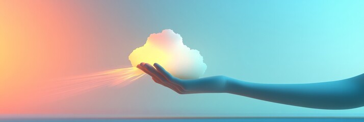 Soft, rendered clouds hover over an open hand in a three-quarter view of cloud computing in the modern digital age