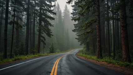 Empty winding road leading through a dark misty forest