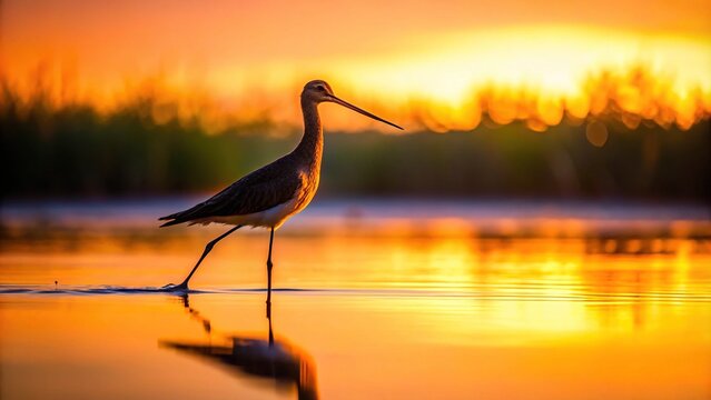 Black-tailed Godwit Silhouette Walking Through Water at Lake Belau, Moldova - Nature Photography