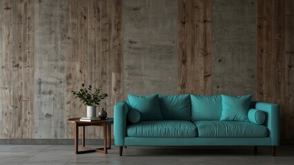 Modern living room featuring a blue sofa standing in front of a wide concrete and wooden wall