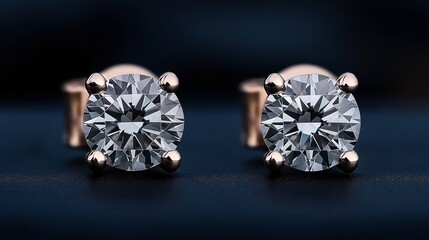 Close-up image of a pair of diamond stud earrings set in white gold on a dark background