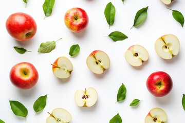 Various apple slices and whole apples scattered across a white background. Some apples