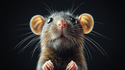 A small brown mouse with its ears up and looking at the camera