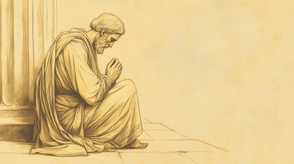 Naklejka premium Jeremiah Kneeling in Prayer Within the Temple Aware of Threats but Finding Strength in His Faith Modern Minimalist Wall Art Depicting a Historical Sketch from Biblical Times