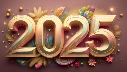 A festive design featuring the year "2025" in vibrant gold with colorful embellishments and floral accents.