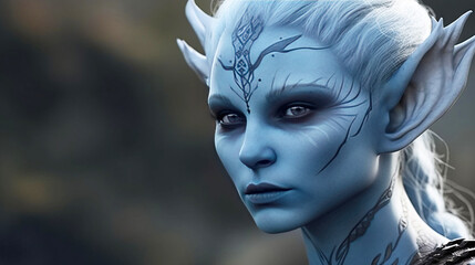 Blue-skinned young female creature of fantasy fairy tale magical stylization. AI generated.