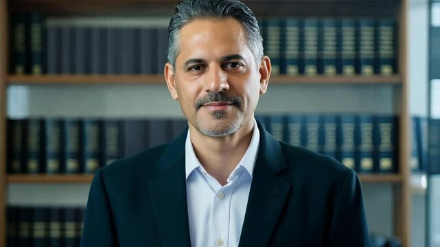 A portrait of a middle-aged male lawyer or businessman in a suit, standing in front of bookshelves filled with books in an office