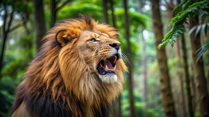 Fototapeta premium Majestic lion in forest with tilted angle