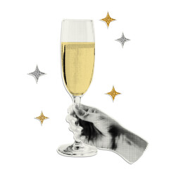 Hand holding a glass of champagne with a halfton effect and glitter stars. Trendy retro element for a greeting card, wishes, collage, cover design.
