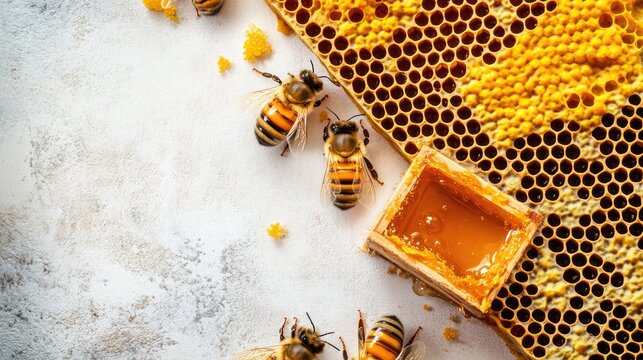 Organic apiculture products, including honey, pollen grains, and beeswax, displayed on a pristine white backdrop, emphasizing the natural benefits of beekeeping.