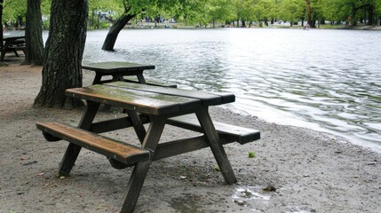 Overflowing lake spilling over into a park, flooding pathways and picnic areas, with benches submerged and trees surrounded by rising water.