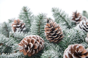 Fototapeta premium Frozen fir branches and white Christmas background